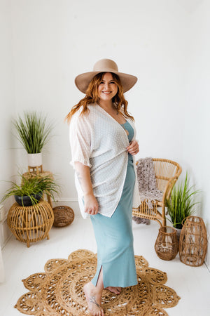
            
                Load image into Gallery viewer, SWISS DOT KIMONO WITH RUFFLE SLEEVE IN WHITE
            
        