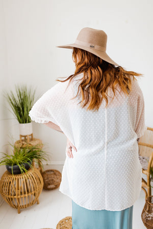 
            
                Load image into Gallery viewer, SWISS DOT KIMONO WITH RUFFLE SLEEVE IN WHITE
            
        