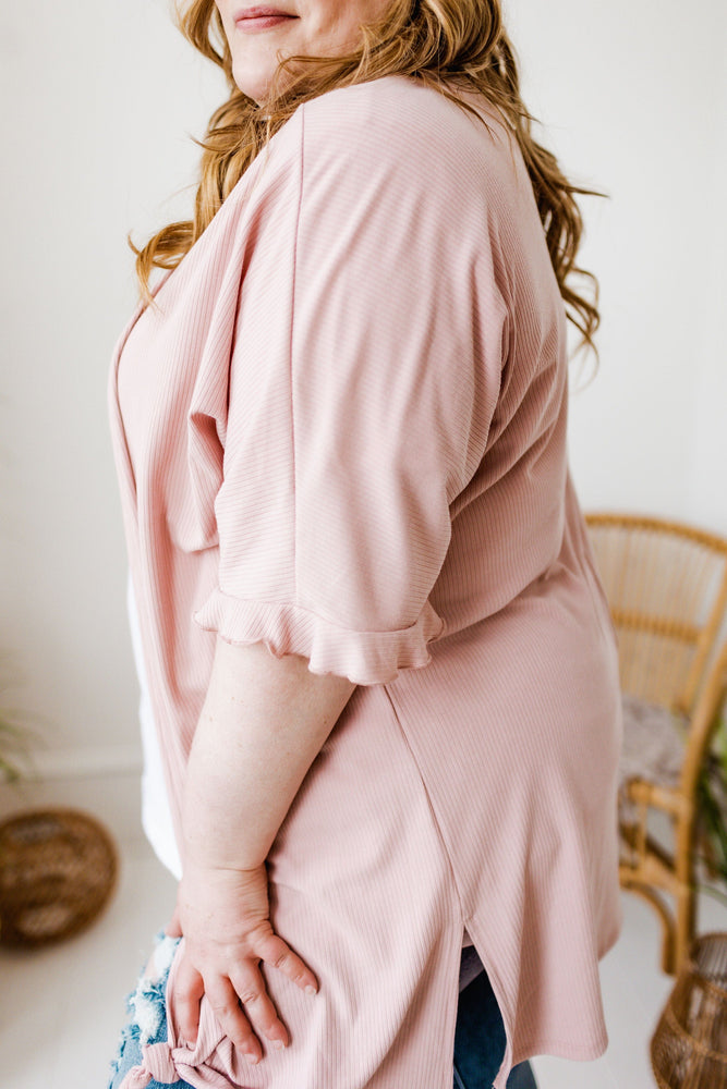 
            
                Load image into Gallery viewer, TEXTURED SOLID KIMONO WITH RUFFLE SLEEVE DETAIL IN BLUSH PINK
            
        