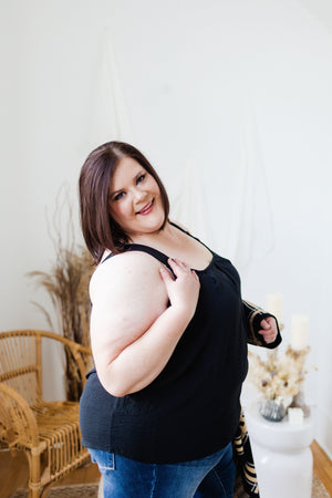 
            
                Load image into Gallery viewer, WOVEN PLEATED NECKLINE TANK IN BLACK
            
        