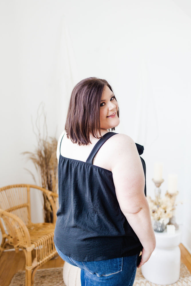 
            
                Load image into Gallery viewer, WOVEN PLEATED NECKLINE TANK IN BLACK
            
        