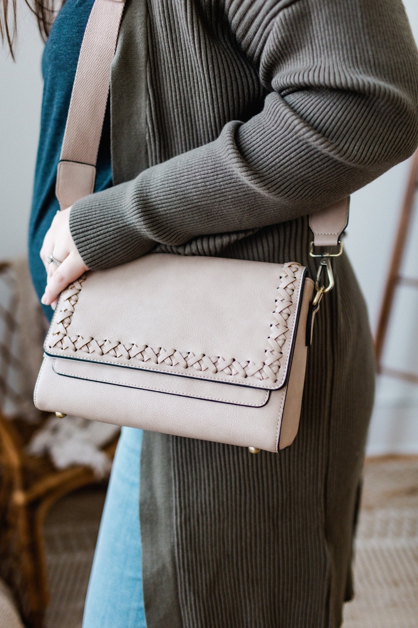 CROSSBODY WITH WHIPSTITCH DETAIL IN BEIGE - Love Marlow
