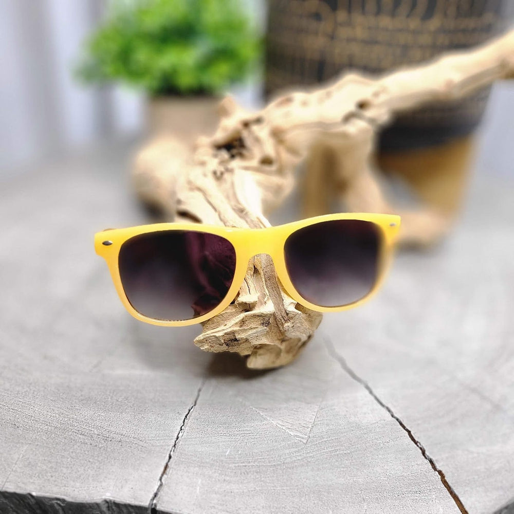 The Love Marlow EASTER ISLAND SUNGLASSES IN SHERBERT, featuring dark lenses with UVA/UVB protection, are set on a piece of driftwood, with a blurred green plant in the background.