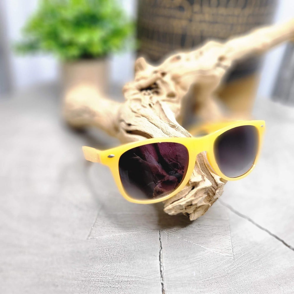 EASTER ISLAND SUNGLASSES IN SHERBERT by Love Marlow, featuring UVA/UVB protection, rest on a piece of driftwood against a blurred background with a green plant and decorative items.