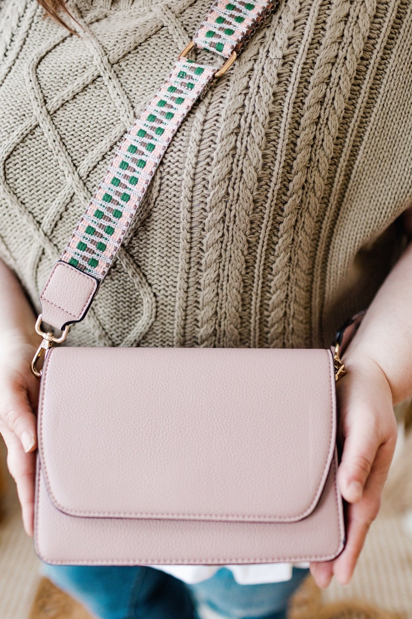 FLAP - OVER CROSSBODY WITH GUITAR STRAP IN ASH ROSE - Love Marlow