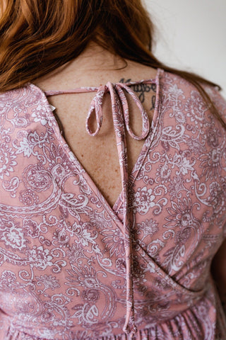 PAISLEY WRAP DRESS WITH TIE BACK DETAIL IN PEACH - Love Marlow