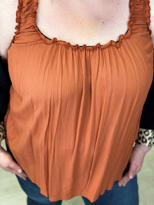 RUFFLE NECKLINE CREPE TANK IN RUST