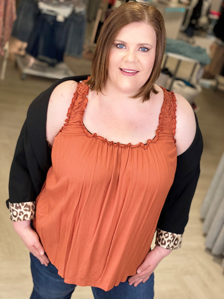RUFFLE NECKLINE CREPE TANK IN RUST