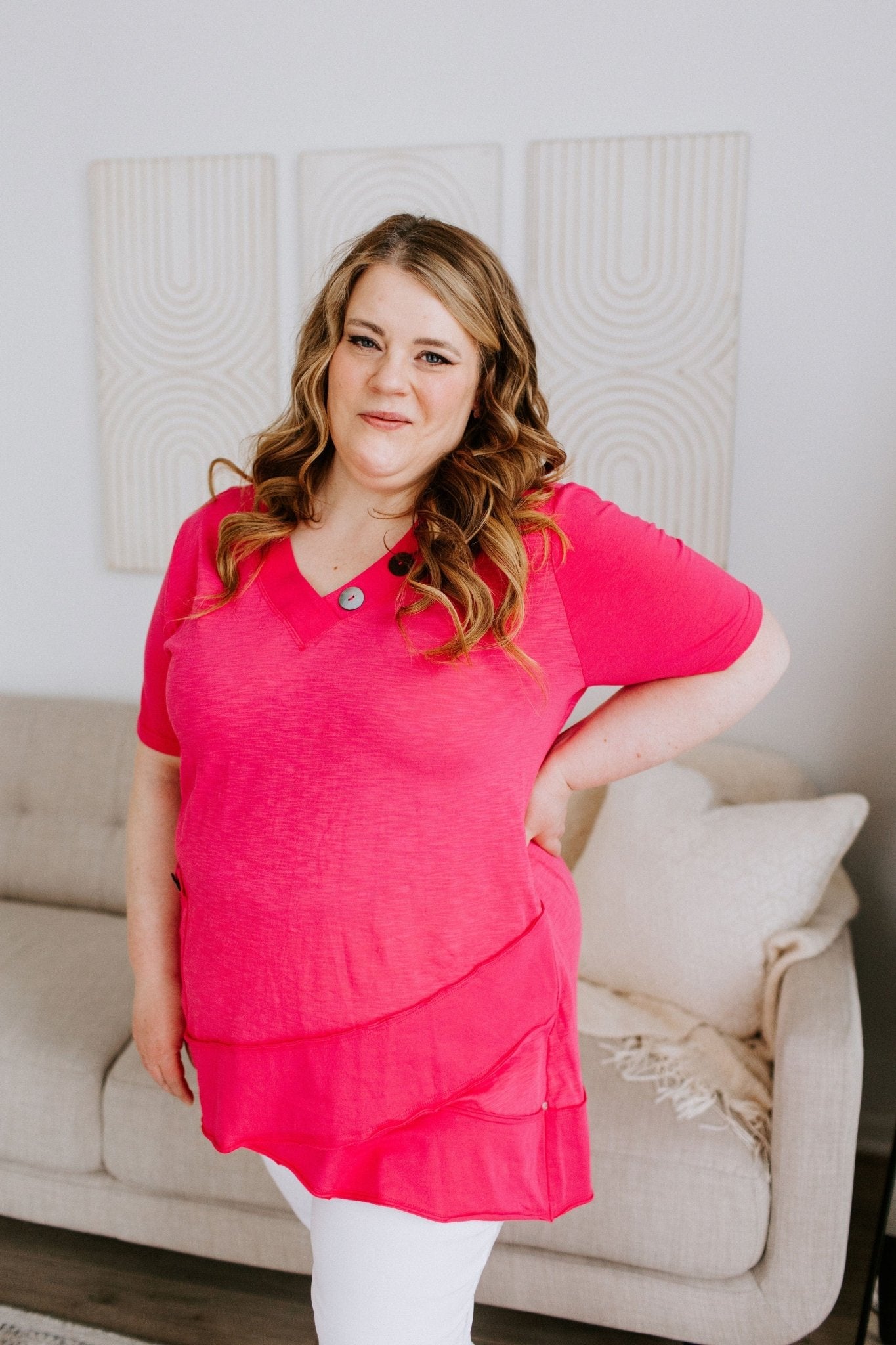 V - NECK TUNIC WITH RAW SEAM DETAIL IN GLAM - LPINK - Love Marlow