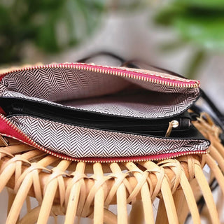 WOVEN DIAMOND PATTERN CLUTCH WITH FAUX LEATHER IN RED - Love Marlow