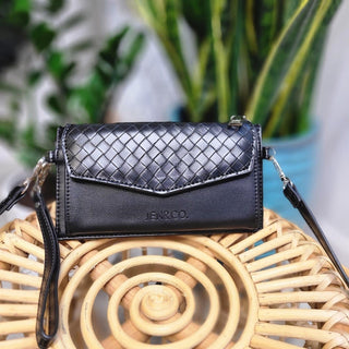 WOVEN FAUX LEATHER WALLET IN BLACK - Love Marlow