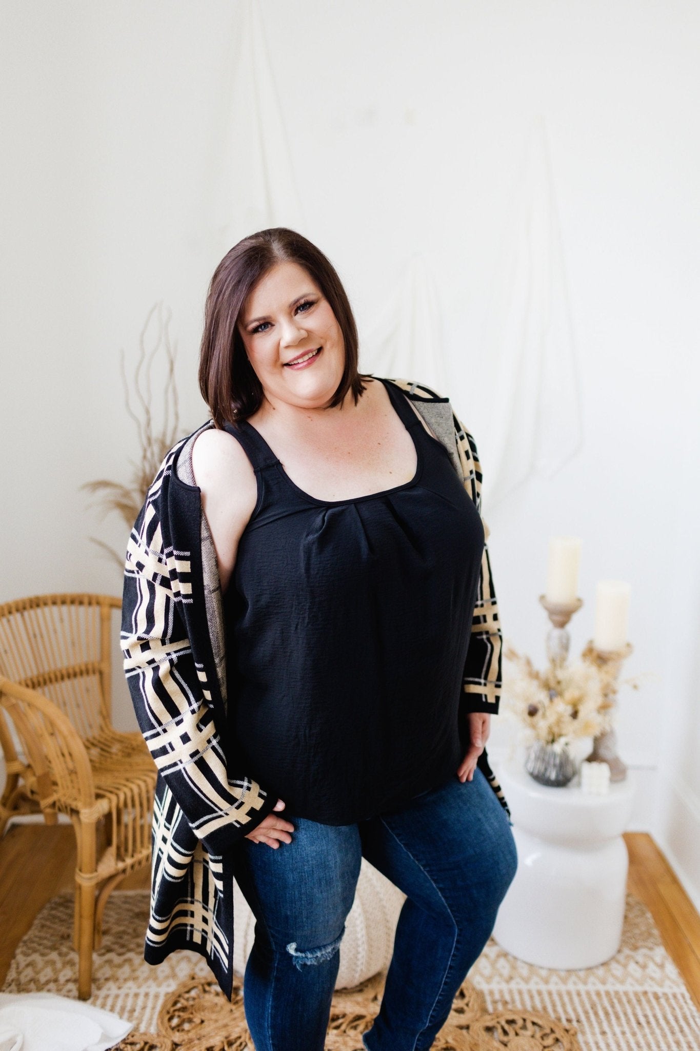 WOVEN PLEATED NECKLINE TANK IN BLACK - Love Marlow