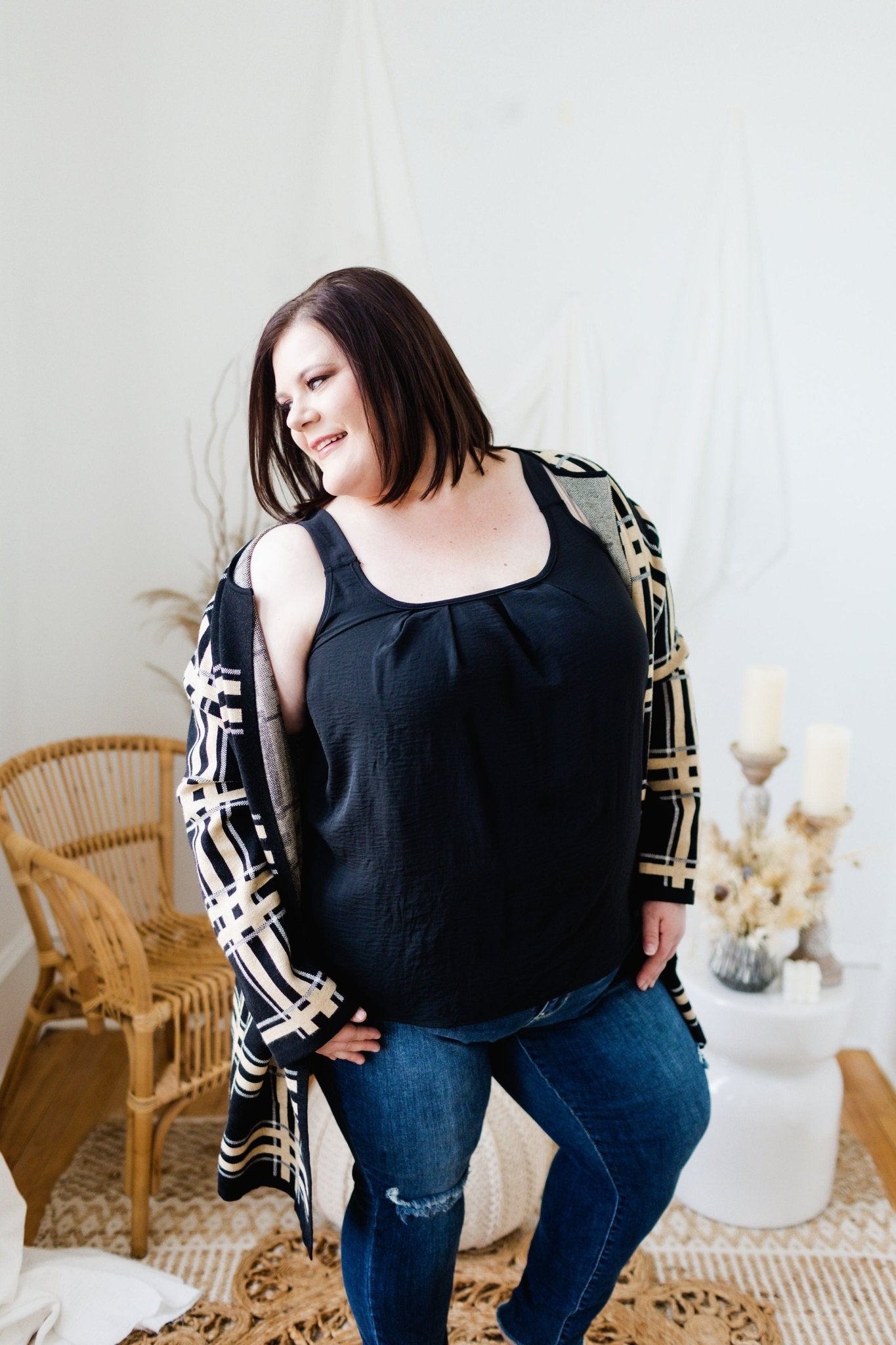 WOVEN PLEATED NECKLINE TANK IN BLACK - Love Marlow