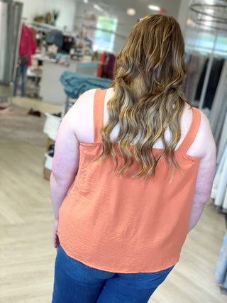WOVEN PLEATED NECKLINE TANK IN SPICED PUMPKIN - Love Marlow