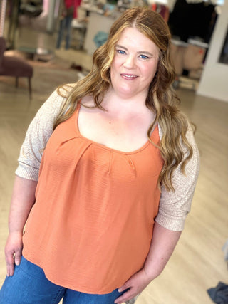 WOVEN PLEATED NECKLINE TANK IN SPICED PUMPKIN - Love Marlow