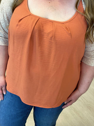 WOVEN PLEATED NECKLINE TANK IN SPICED PUMPKIN - Love Marlow