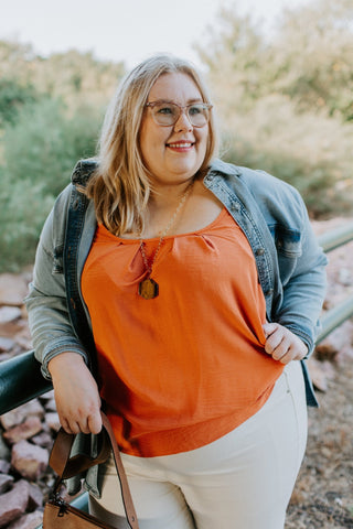 WOVEN PLEATED NECKLINE TANK IN SPICED PUMPKIN - Love Marlow