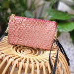 WOVEN DIAMOND PATTERN CLUTCH WITH FAUX LEATHER IN RED