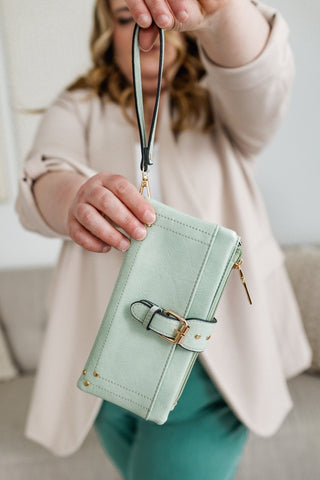 WRISTLET WALLET WITH BUCKLE DETAIL IN SEA GLASS - Love Marlow