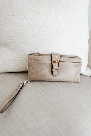 WRISTLET WALLET WITH BUCKLE DETAIL IN SHITAKE - Love Marlow